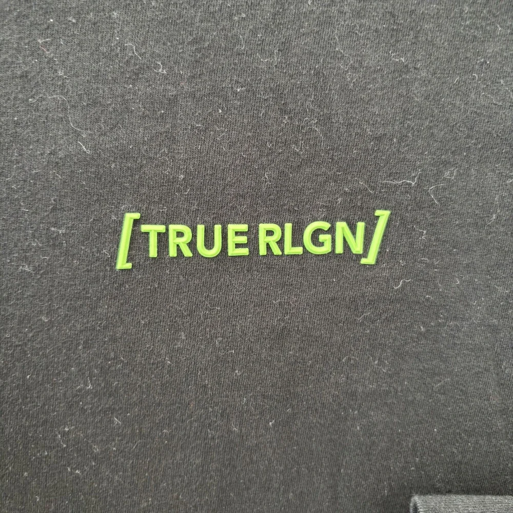 True Religion Mens XL Long Sleeve T-Shirt Black Lime Green Logo Cotton Tee